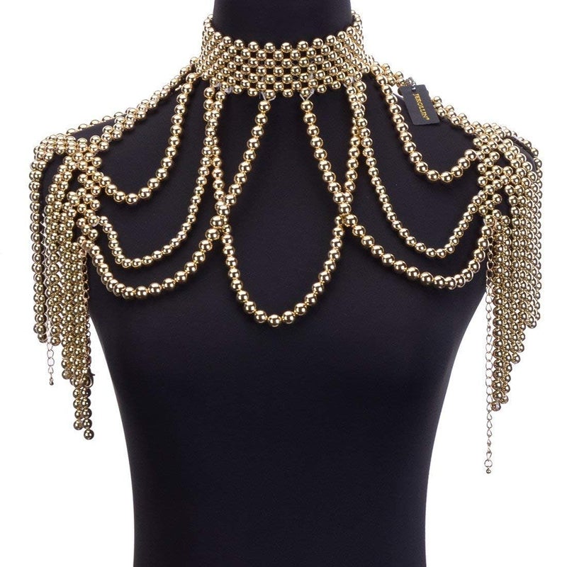 Jerollin Simulated Pearl Body Statement Necklace for Women, Fashion Collar Bib Necklaces Costume Jewelry Gold - Image 3